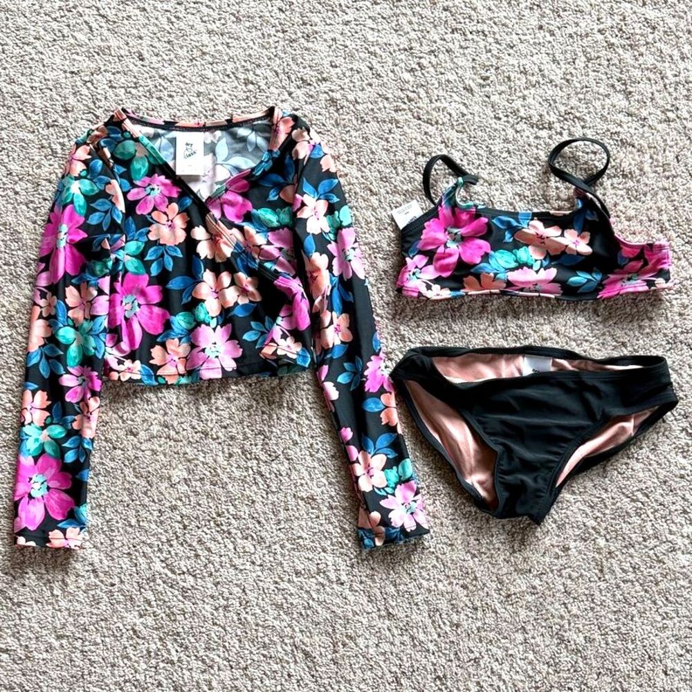 Art Class Girls Swim Set Size 8 M Black Pink Floral 3pc Bikini Rash Guard Spring
